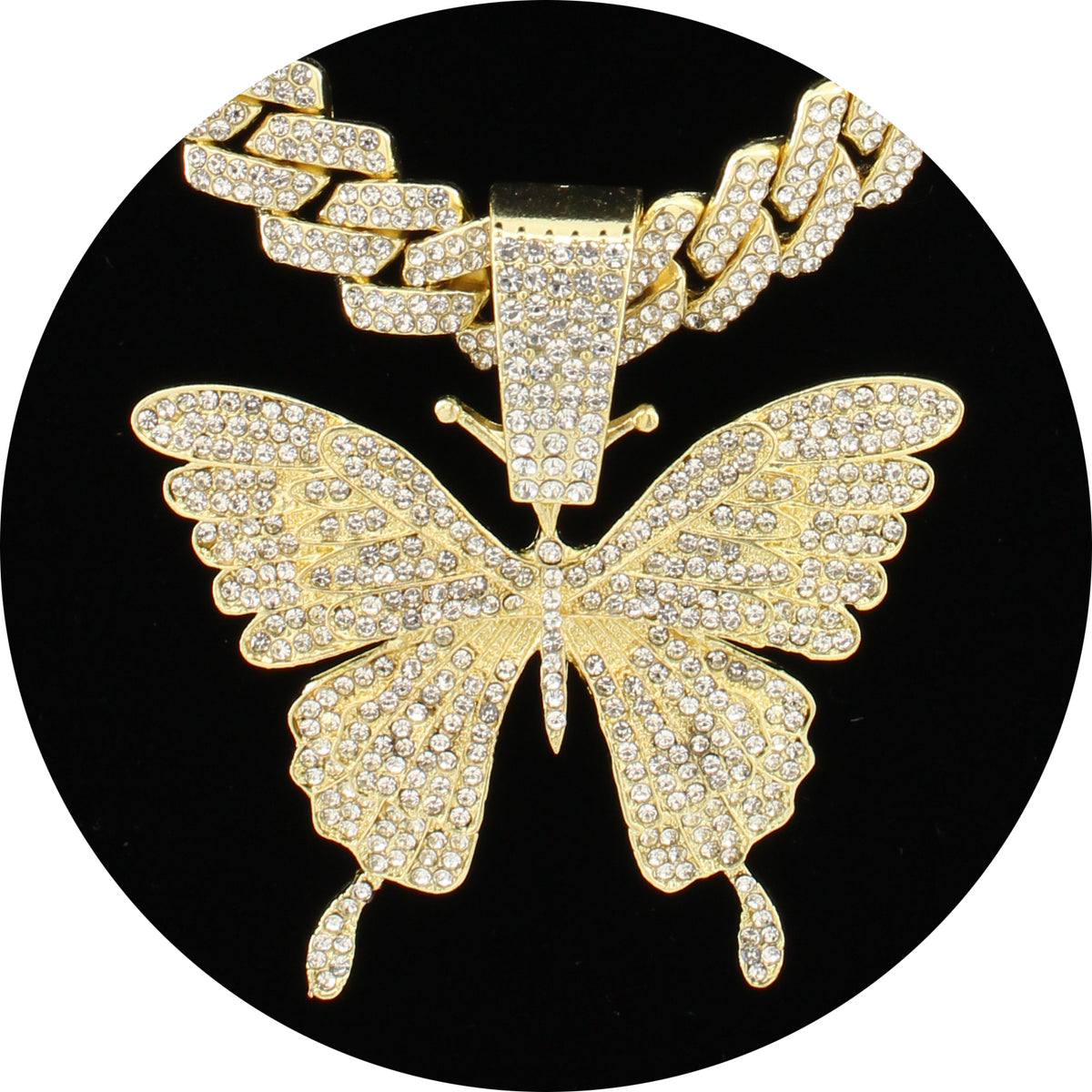 Iced-out Cuban link butterfly pendant necklace