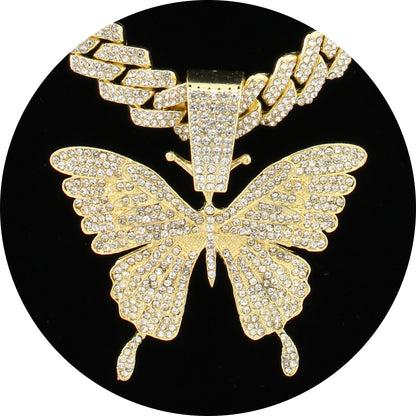 Iced-out Cuban link butterfly pendant necklace