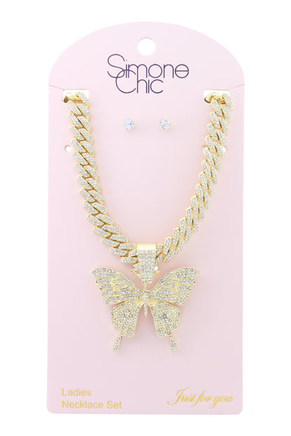 Iced-out Cuban link butterfly pendant necklace