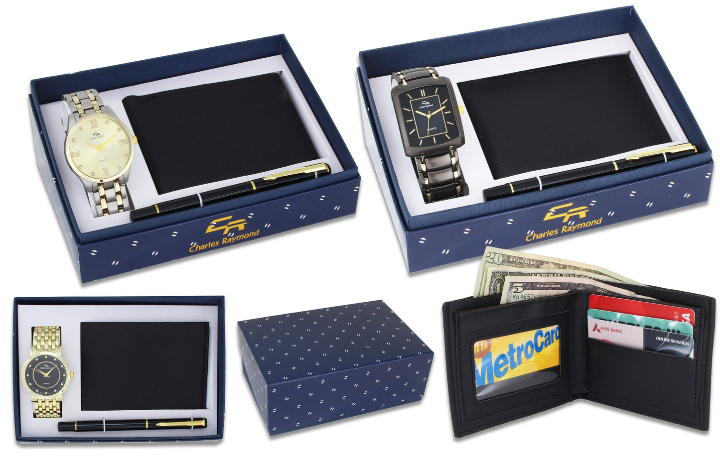 V0079 Classic Gold Watch, Black Wallet and Black Pen set
