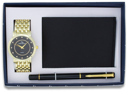 V0079 Classic Gold Watch, Black Wallet and Black Pen set