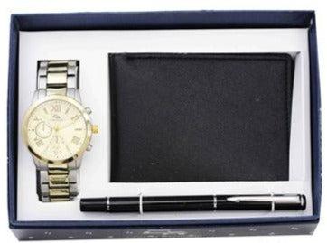 V0079 Classic TT Silver Gold Watch, Black Wallet and Black Pen set