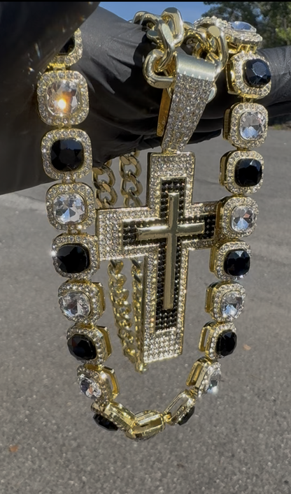 Cuban Two Tone Chain with Thick Cuban Chain and Ice Cross Pendant