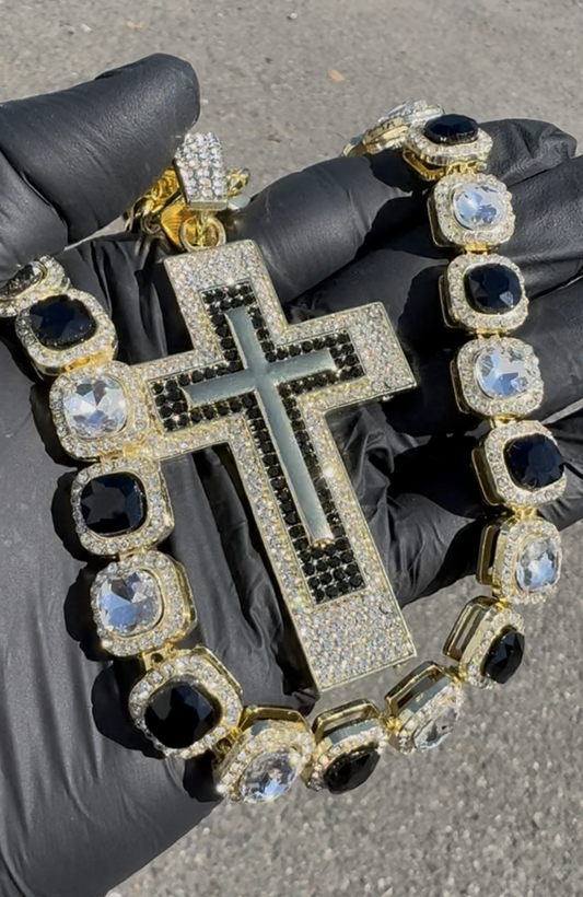 Cuban Two Tone Chain with Thick Cuban Chain and Ice Cross Pendant