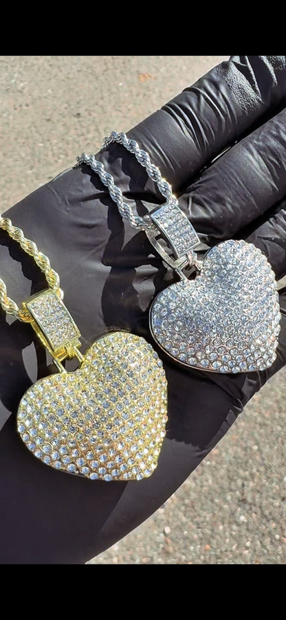 Iced-Out Pave Heart Pendant Chain Necklace