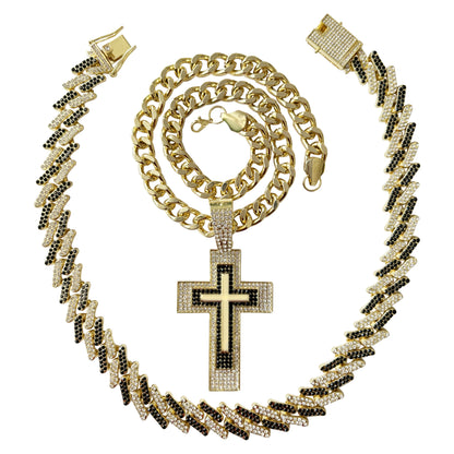 Z Two Tone Chain with Thick Cuban Chain and Ice Cross Pendant