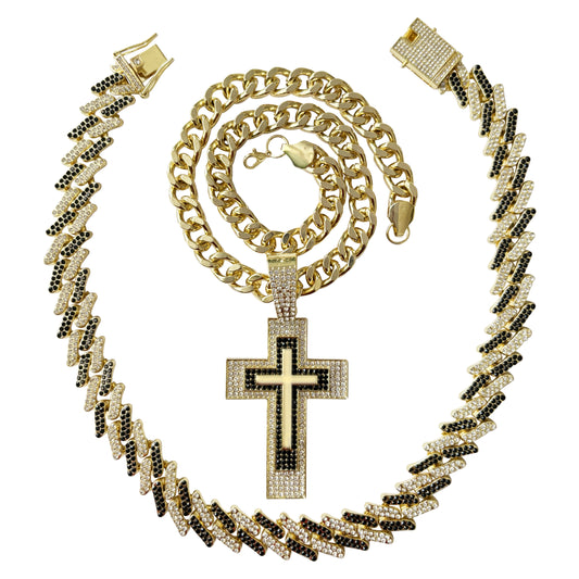 Z Two Tone Chain with Thick Cuban Chain and Ice Cross Pendant