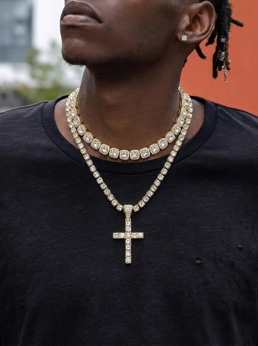 Thick Baguette Stone Chain with Tennis Chain and Cross Pendant