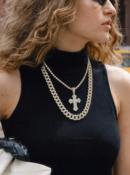 Iced-Out Cuban Chain with Stretchable Tennis Necklace and Iced-Out Cross
