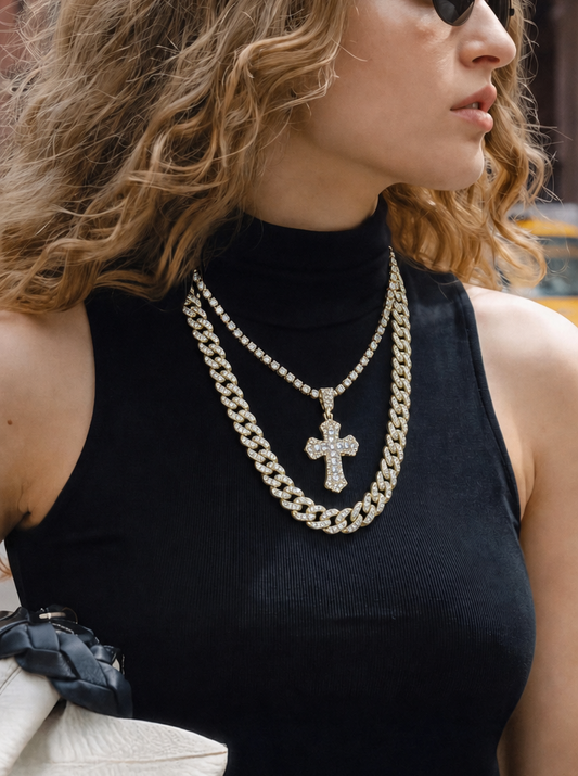 Iced-Out Cuban Chain with Stretchable Tennis Necklace and Iced-Out Cross