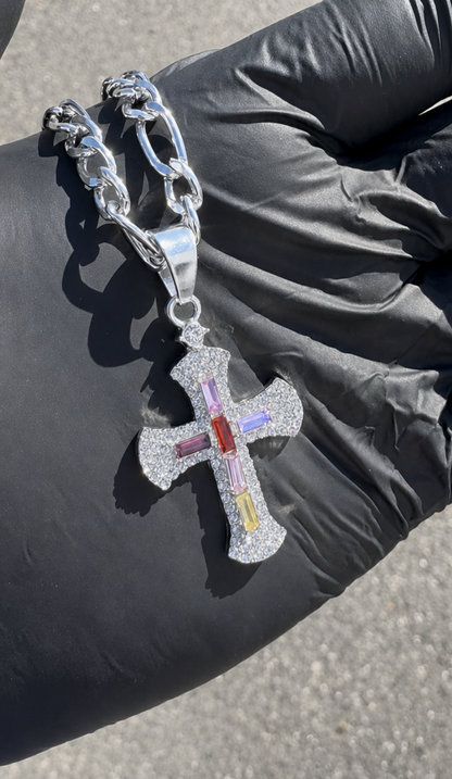 Gold-Plated Rainbow Baguette Cross Pendant Necklace