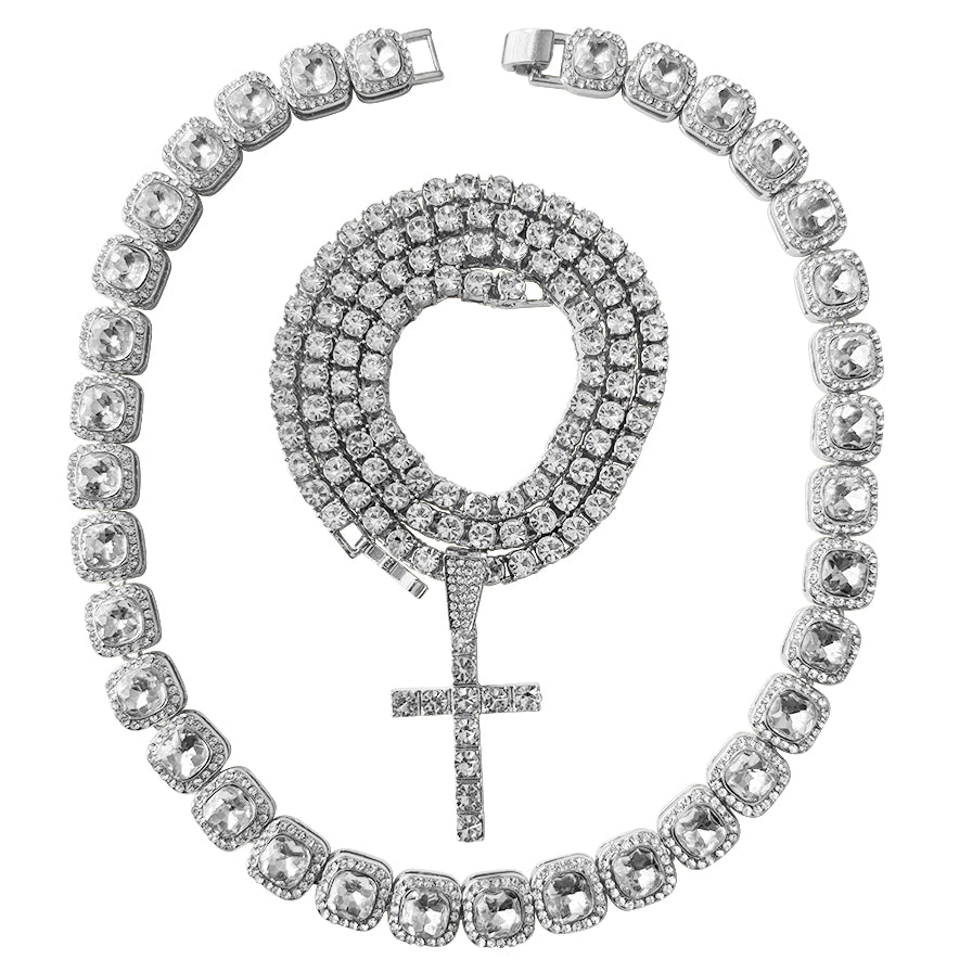 Thick Baguette Stone Chain with Tennis Chain and Cross Pendant