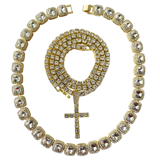 Thick Baguette Stone Chain with Tennis Chain and Cross Pendant