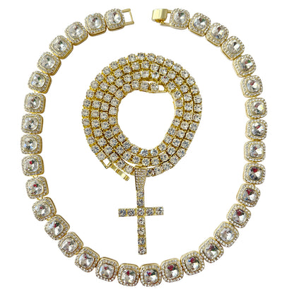 Thick Baguette Stone Chain with Tennis Chain and Cross Pendant