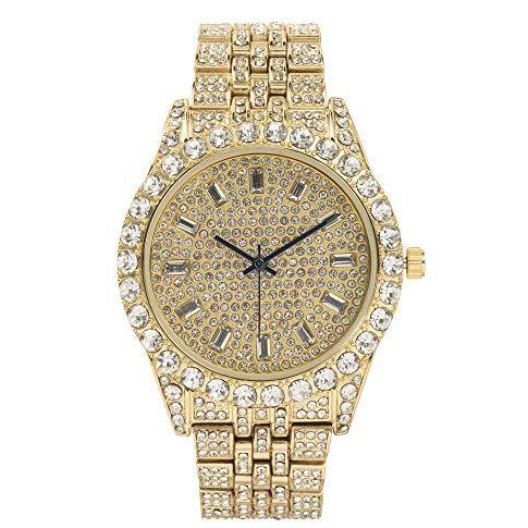 Mens Hip Hop Metal Timepiece - Big Rhinestones on Trim and Elegant Baguette Time Indicators on Dial - Master Bling Designer Look - ST10226 BGS Single (Gold Gold).