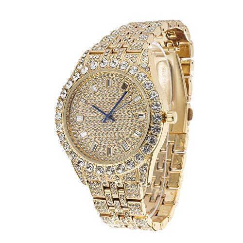 Mens Hip Hop Metal Timepiece - Big Rhinestones on Trim and Elegant Baguette Time Indicators on Dial - Master Bling Designer Look - ST10226 BGS Single (Gold Gold).