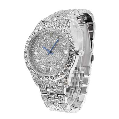 Mens Hip Hop Metal Timepiece - Big Rhinestones on Trim and Elegant Baguette Time Indicators on Dial - Master Bling Designer Look - ST10226 BGS Single (Silver Silver)